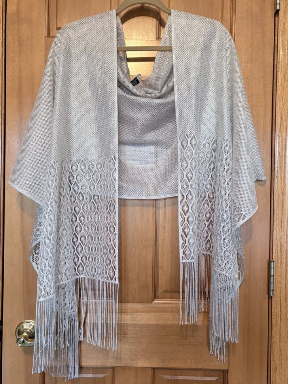 Cejon Silver Open Weave Evening Wrap Shawl Fringe Scarf 90”